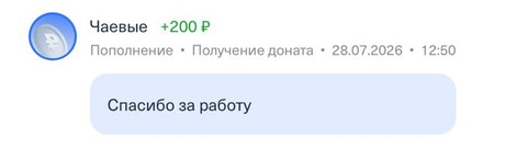 Донат +200 ₽, 28.07.2026, 12:50, Спасибо за работу